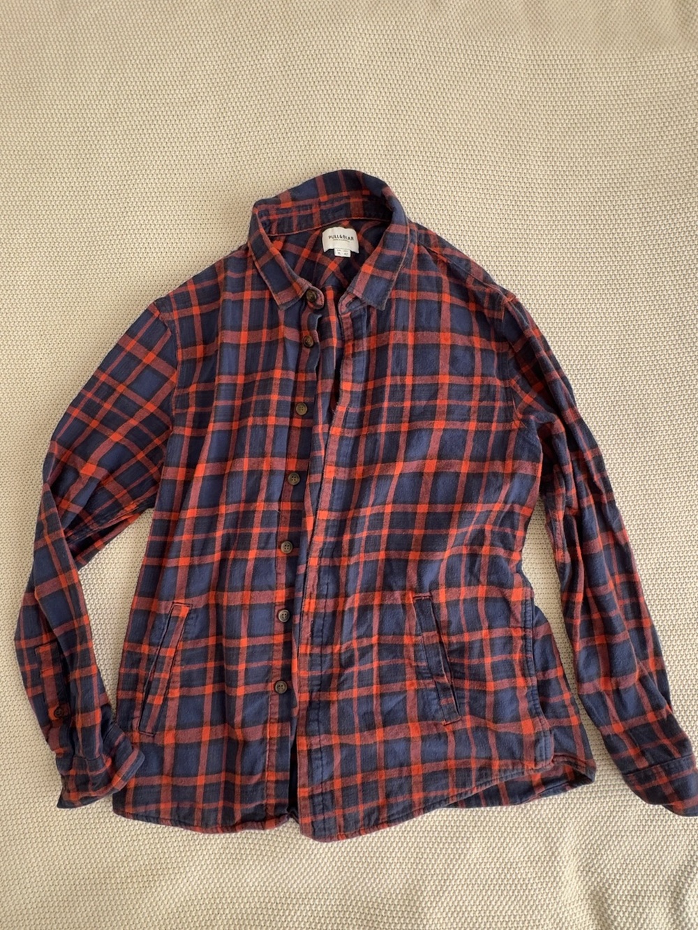 Pull&Bear Navy and Red Plaid Button-Down Shirt